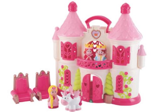 Colorful Happyland Fantasy Palace playset with king, queen, princess, unicorn, and two thrones for imaginative storytelling.