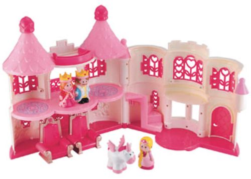 Colorful Happyland Fantasy Palace playset with a king, queen, princess, unicorn, and thrones for imaginative play.