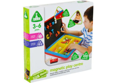 Bright red Magnetic Play Centre with letters, numbers, and a detachable blackboard, promoting creative learning for kids.