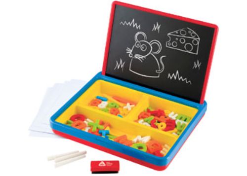 Early Learning Centre Magnetic Play Centre in red, featuring letters, numbers, a detachable blackboard, and portable play accessories.