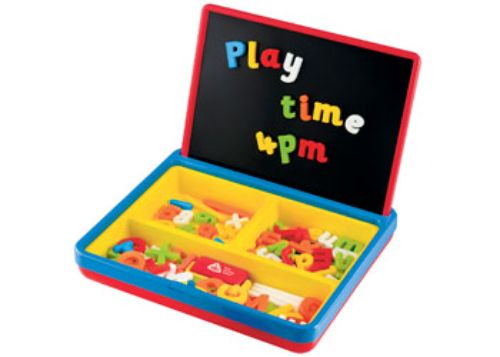 Bright red Magnetic Play Centre with letters, numbers, chalkboard, and accessories for interactive learning and creativity on-the-go.