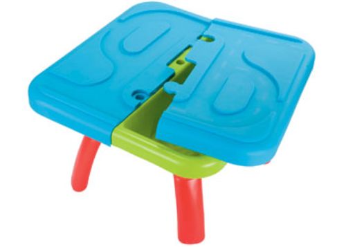 Colorful outdoor sand and water table with 10 accessories, promoting creativity and collaborative play for children.