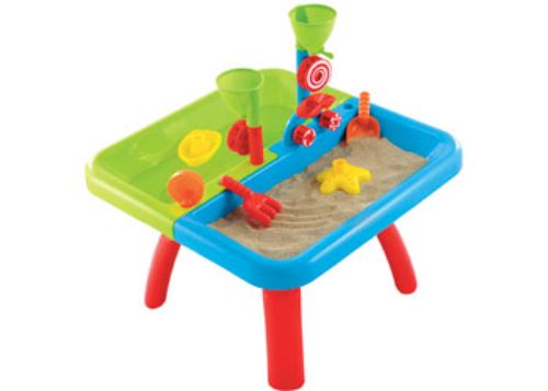 Colorful sand and water play table with 10 accessories, enabling creative outdoor fun for kids, and promotes sensory skills.