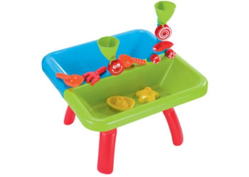 Outdoor sand and water play table with accessories, encouraging creativity, social interaction, and fine motor skill development.