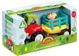 Colorful toy tractor set with trailer, farmer, and cow; features lights, sounds, and encourages imaginative play.