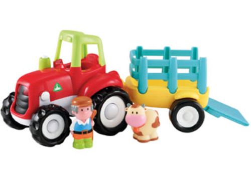 Bright toy tractor and trailer set with farmer figure and cow, featuring interactive sounds and lights for imaginative play.