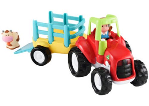 Colorful Happyland Farm Tractor set with trailer, farmer figure, and cow, featuring lights and sounds for imaginative play.