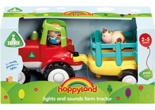 Colorful Happyland Farm Tractor set with farmer, cow, and interactive features for imaginative play and learning.