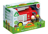 Colorful fire engine toy with lights, sounds, and two firefighter figures for imaginative play and problem-solving fun.