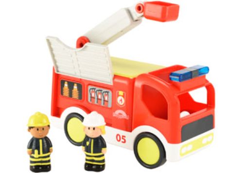 Colorful fire engine toy with lights and sounds, includes 2 firefighter figures, ideal for imaginative play and motor skill development.