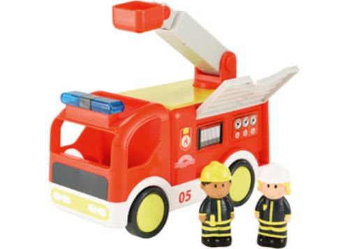 Bright red fire engine toy with lights, sounds, and two firefighter figures for imaginative rescue play.