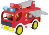 Colorful fire engine toy with lights, sounds, and firefighter characters for imaginative play and skill development.