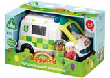 Bright blue ambulance toy with lights and sounds, includes 2 characters and stretcher for imaginative rescue play.