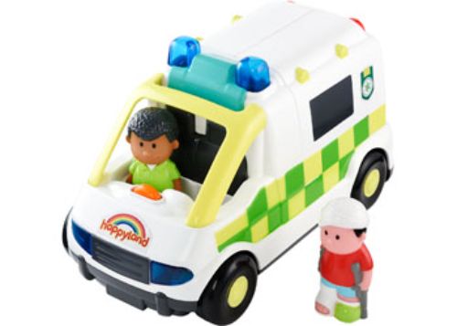 Brightly colored ambulance toy with lights, sounds, and two characters for imaginative rescue role-play adventures.