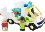 Brightly colored ambulance toy with lights, sounds, and characters for imaginative rescue play, designed for young children.