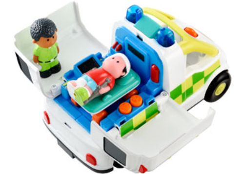 Bright toy ambulance with realistic lights and sounds, includes 2 characters for imaginative rescue play.