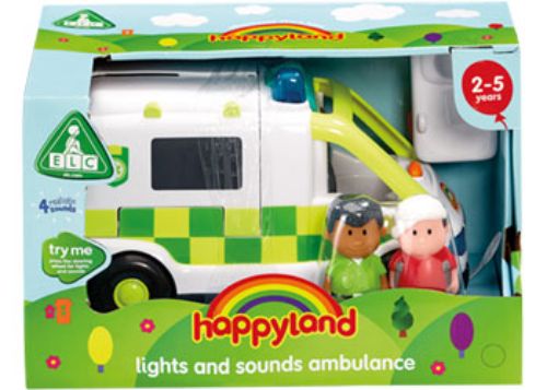 Brightly colored toy ambulance with lights and sounds, includes characters and stretcher for imaginative rescue play.