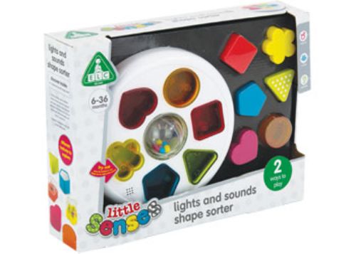 Colorful sensory shape sorter for toddlers featuring six shapes, lights, and sounds to enhance cognitive and motor skills.