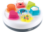 Colorful shape sorter toy featuring six shapes with textures, sounds, and lights for sensory exploration and cognitive development.