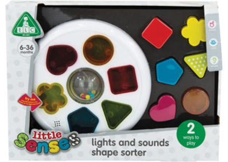 Colorful sensory shape sorter for toddlers featuring six textured shapes, sounds, and lights to enhance cognitive development.