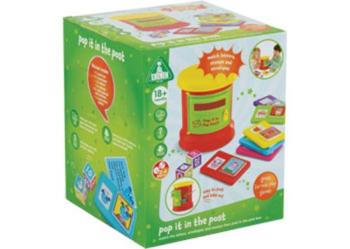 Colorful educational postal playset for preschoolers featuring letters, envelopes, stamps, and dice for role-play learning.