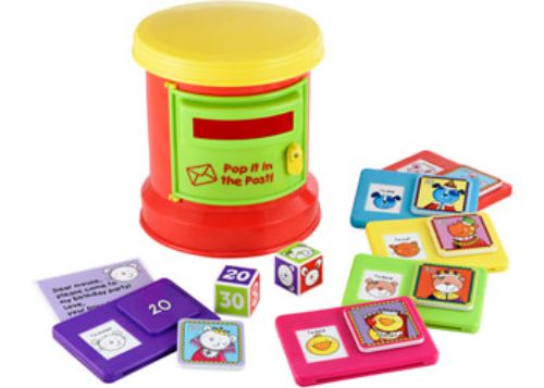 A colorful postal toy set for preschoolers featuring a post box, envelopes, letters, stamps, and dice for imaginative learning.