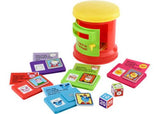 Colorful educational toy set for preschoolers featuring a post box, envelopes, letters, stamps, and interactive dice.