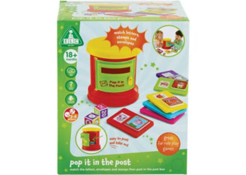 Brightly colored postal toy set for preschoolers, featuring a post box, envelopes, letters, stamps, and interactive dice.