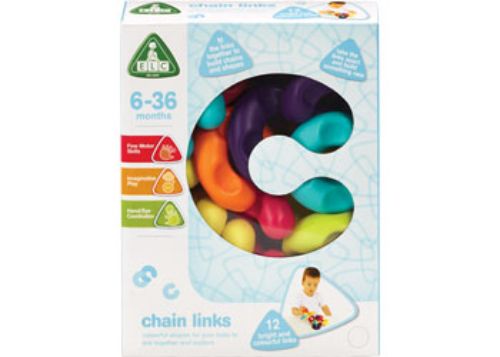 Brightly colored chunky chain links for toddlers, enhancing fine motor skills and imaginative play through hands-on building.