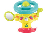 Interactive highchair steering wheel toy with sounds, lights, and mirror for engaging mealtimes and sensory play.