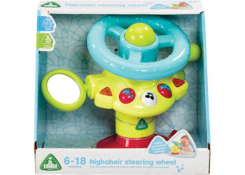 Colorful highchair steering wheel toy with sounds, lights, and mirror for interactive mealtime fun and sensory development.