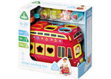 A bright red shape sorting bus with 6 colorful shapes and a mirror, promoting fun, learning, and motor skills for toddlers.