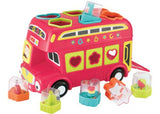 Vibrant red double-decker shape sorting bus with 6 colorful shapes, rattling beads, and a peek-a-boo mirror for toddlers' play.