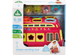 Vibrant red double-decker shape sorting bus with 6 colorful shapes and rattling beads for interactive toddler play and learning.