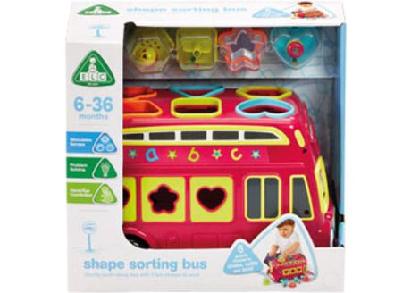 Vibrant red double-decker shape sorting bus with 6 colorful shapes and rattling beads for interactive toddler play and learning.