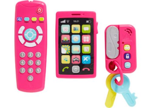 Bright pink gadget set for kids featuring a phone, remote, and keys with over 30 sounds, promoting imaginative and language skills.