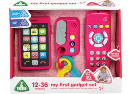 Early Learning Centre My First Gadget Set in pink, featuring a phone, remote, and keys with over 30 sounds for imaginative play.