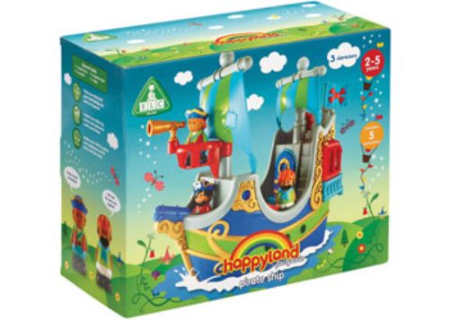 Colorful Early Learning Centre Happyland Pirate Ship playset with pirate crew, treasure chests, and a parrot for imaginative play.