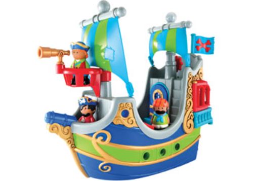 Colorful Happyland Pirate Ship playset with pirate crew, treasure, and parrot, inspiring imaginative play for preschoolers.