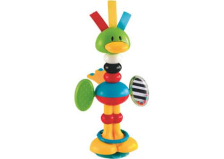 Interactive Bendy Bird highchair toy with vibrant colors, teether tail, squeaky beak, and spinning wings for sensory play.