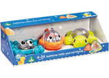 Colorful floating bath toys featuring a fish, frog, and turtle, promoting sensory play and motor skill development for toddlers.