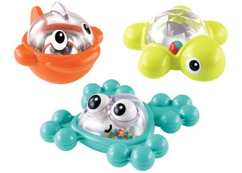 Colorful floating bath toys for toddlers, featuring a fish, frog, and turtle that shake, rattle, and promote sensory play.