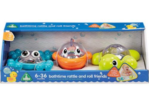 Floating bath toys featuring a fish, frog, and turtle, designed for sensory play and motor skill development.