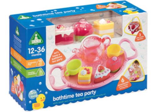 Colorful floating tea party set with six accessories, including cake squirters, cups, and shape sorting tray for imaginative bath fun.