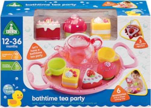 Colorful floating tea party set for bath time with accessories, including squirters, cups, and a sorting tray for imaginative play.