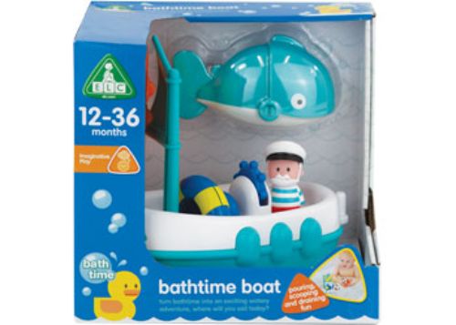 Colorful Happyland Bath Time Boat with captain, diver, whale, and life ring, perfect for imaginative water play adventures.