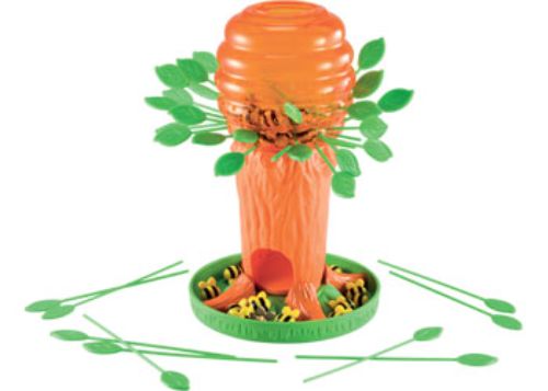 Engaging educational game featuring a honey tree, colorful leaves, and buzzing bees for family fun and fine motor skill development.