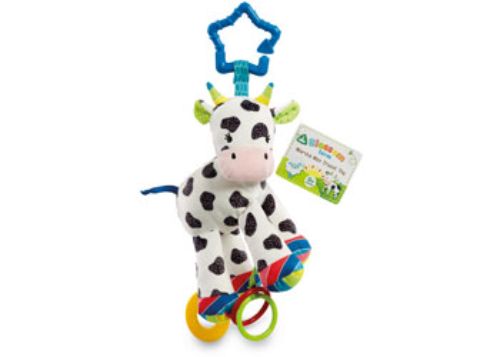 Brightly colored soft cow travel toy with a rattling head and textured rings, perfect for sensory play and early learning.