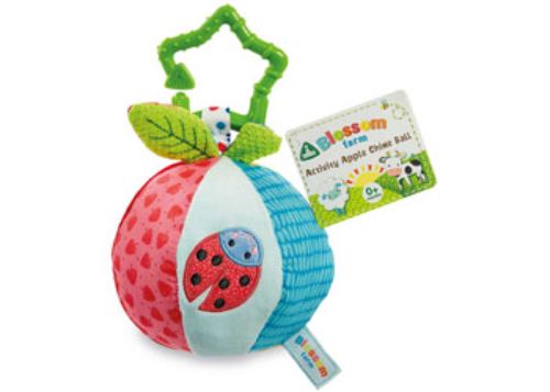 Vibrant apple-shaped chime ball with multi-textured fabric, ideal for sensory play and encouraging crawling in infants.