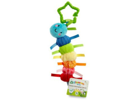 Soft, colorful caterpillar rattle with sensory tags, perfect for sensory play and teething relief for babies.